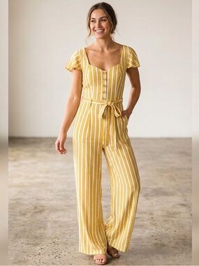 June & Hudson Mustard White Striped Flutter Sleeve Sweetheart Jumpsuit Medium